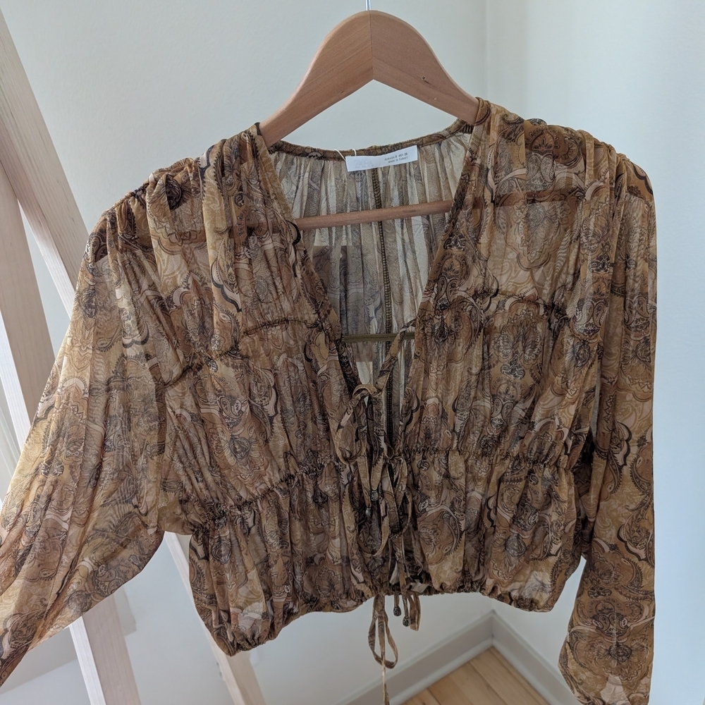 NWT ZARA Floral Sheer Patterned Tie-Front Blouse In Tan/Gold - S - Picture 7 of 11